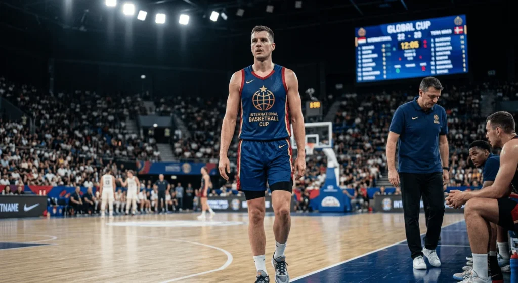 Male professional athlete wearing custom international sportswear uniform on a basketball court during an official match.