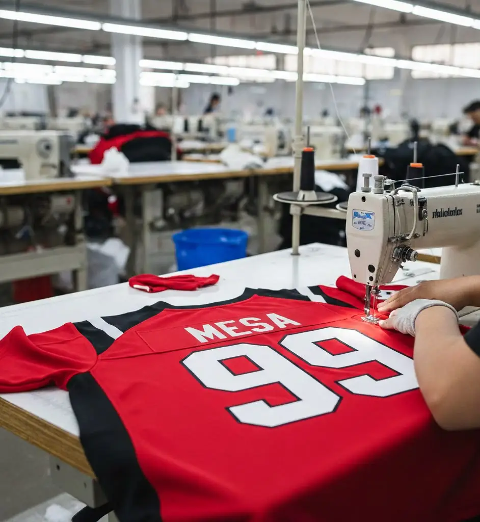A detailed close-up photograph in a brightly lit industrial garment factory focuses on a worker's hands as they operate a heavy-duty sewing machine, guiding a customized red sports jersey. The back of the jersey clearly displays the large white text 'MESA' above the large white number '99'. Multiple other sewing stations and workers are softly blurred in the busy background.